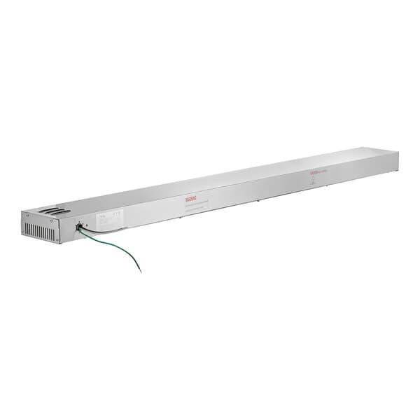 An Avantco strip warmer with a long rectangular metal shelf and a green wire.