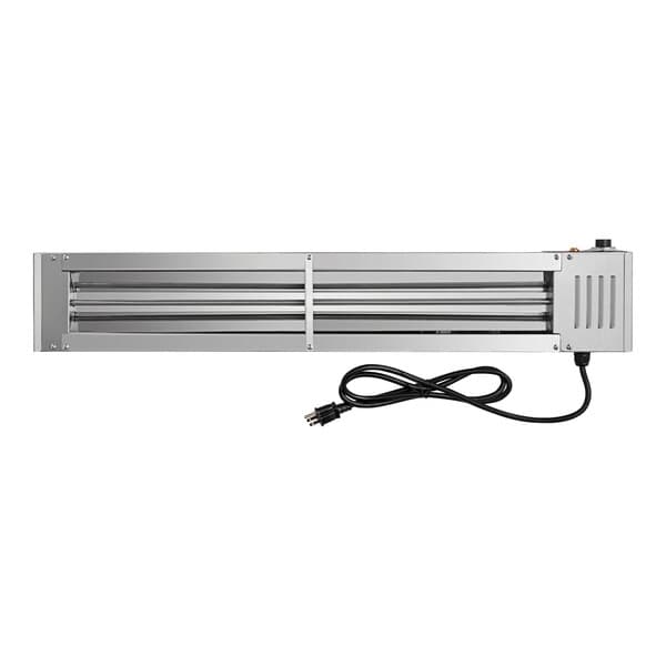 An Avantco silver metal strip warmer with a black cord.