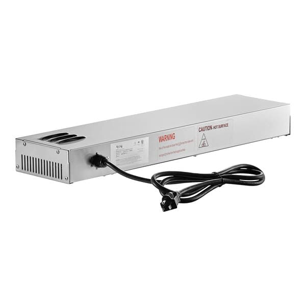 An Avantco silver rectangular strip warmer with a black cord.