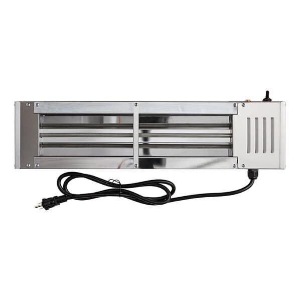 An Avantco silver metal strip warmer with a black cord.