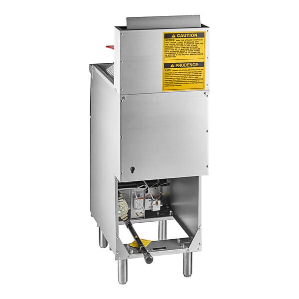 An Avantco stainless steel floor fryer with a yellow label.