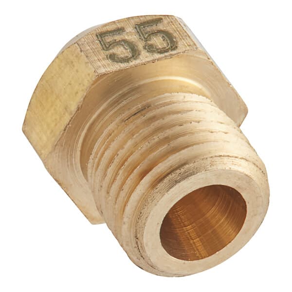 A brass Avantco liquid propane orifice with the number 55 on a threaded male fitting.