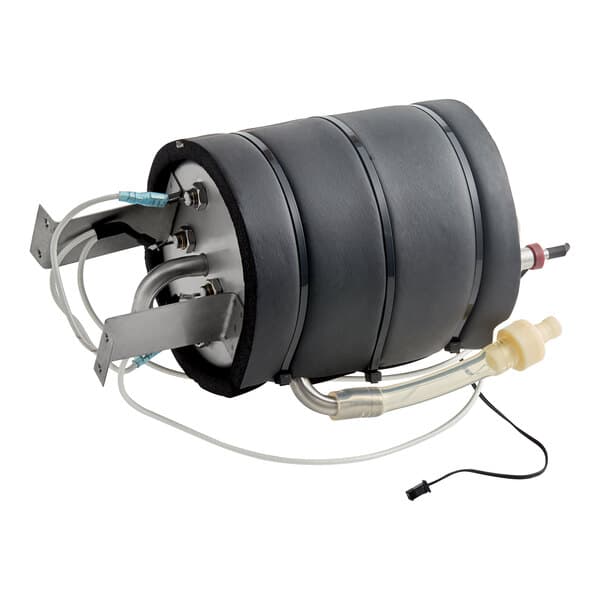 A cylindrical heating tank with attached tubes and connectors for a cappuccino or hot chocolate machine.