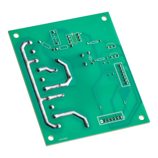 A green power board for a cappuccino or hot chocolate machine with visible soldered connections and circuit traces.