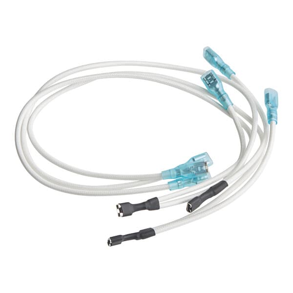 A white heating cable with blue and black connectors for a cappuccino or hot chocolate machine.