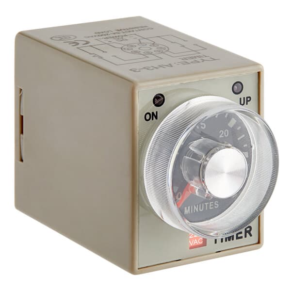An Avantco grey timer box with a round dial.