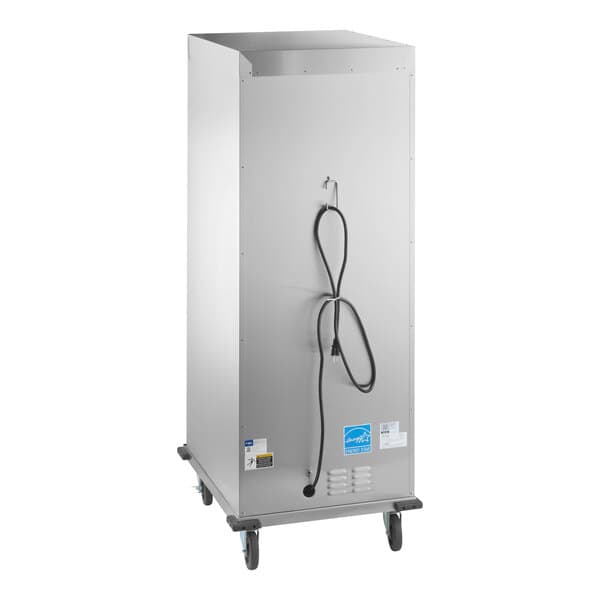 A full size insulated heated holding cabinet with solid stainless steel construction, Dutch doors, and casters.