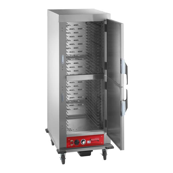 A full size insulated heated holding cabinet with solid stainless steel Dutch doors and multiple tray slots.