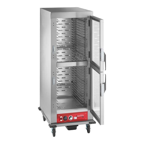 A full size vacuum-insulated heated holding cabinet with clear Dutch doors and multiple tray slots.