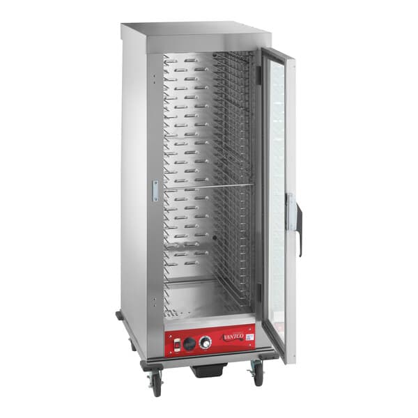 A full size vacuum-insulated heated holding cabinet with a clear door and control panel at the bottom.