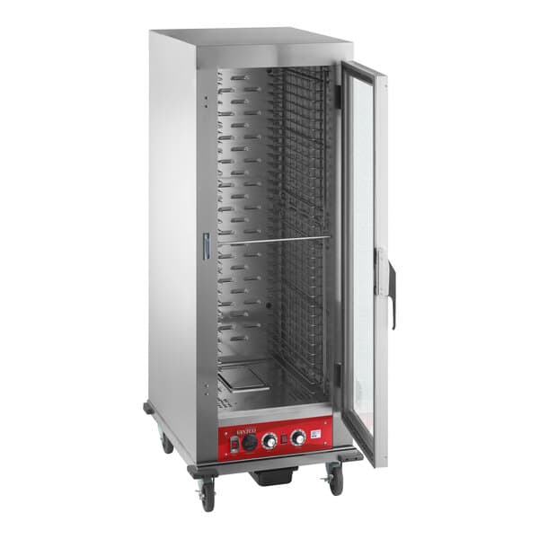 A full size vacuum-insulated heated holding and proofing cabinet with a clear door and control panel at the bottom.