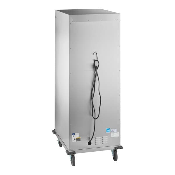 A full size insulated heated holding cabinet with a solid stainless steel door and caster wheels.