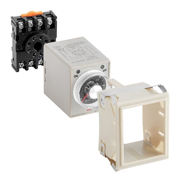 A close-up of a white plastic Avantco 177PMX46TIMER box with a dial and a black square.