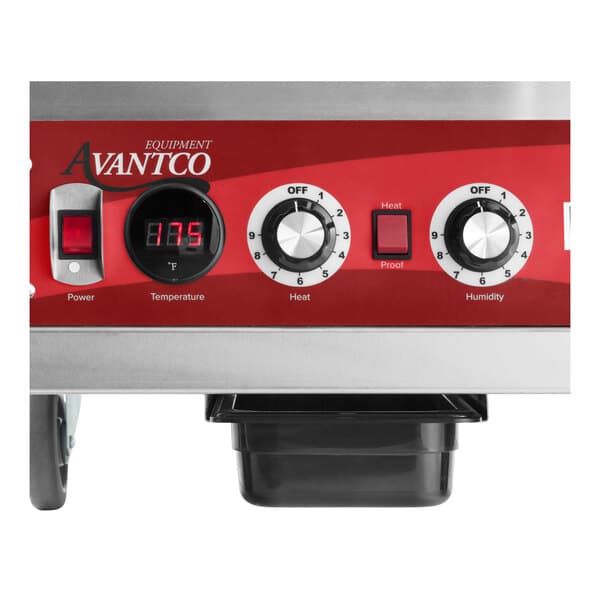 A control panel of an Avantco full size vacuum-insulated heated holding and proofing cabinet with temperature, heat, and humidity settings.