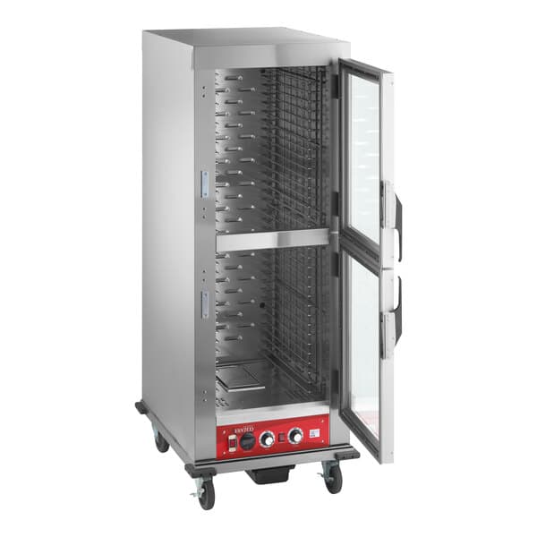 A full size vacuum-insulated heated holding and proofing cabinet with clear Dutch doors and control panel at the bottom.