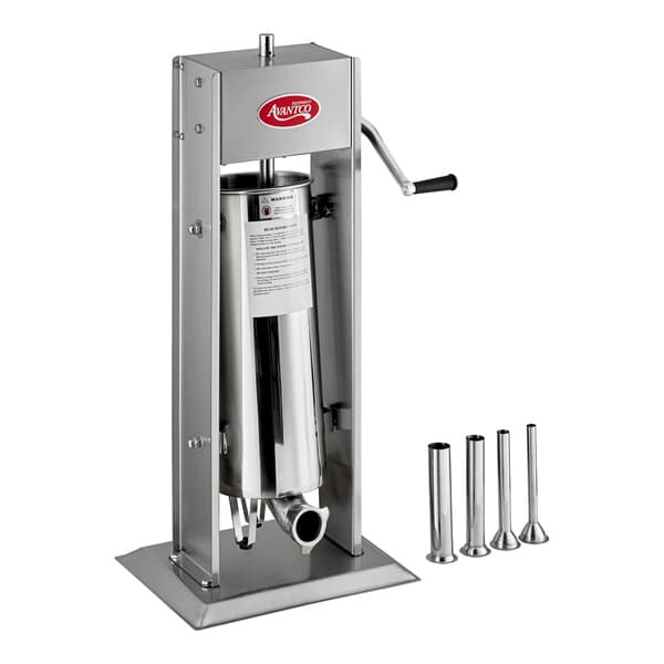 An Avantco stainless steel vertical manual sausage stuffer with several stainless steel tubes.