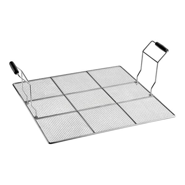 An Avantco stainless steel wire mesh grid with black handles.