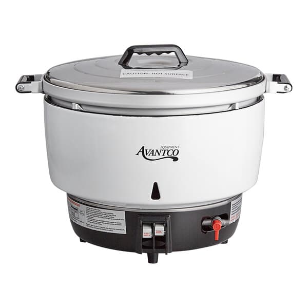 An Avantco white and black liquid propane commercial rice cooker with a lid on top.