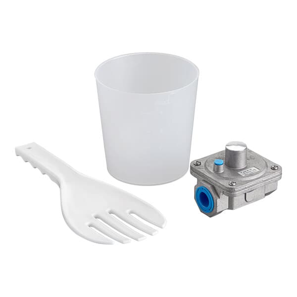 A white plastic cup with a spoon and fork inside.