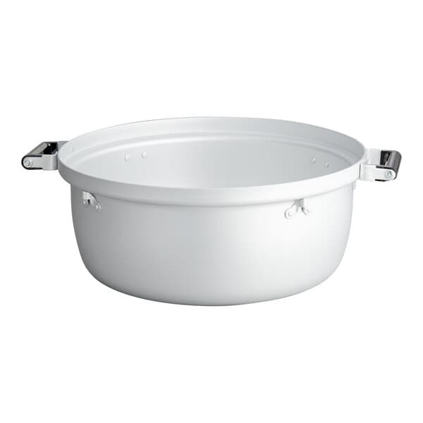 An Avantco white rice cooker pot with handles.