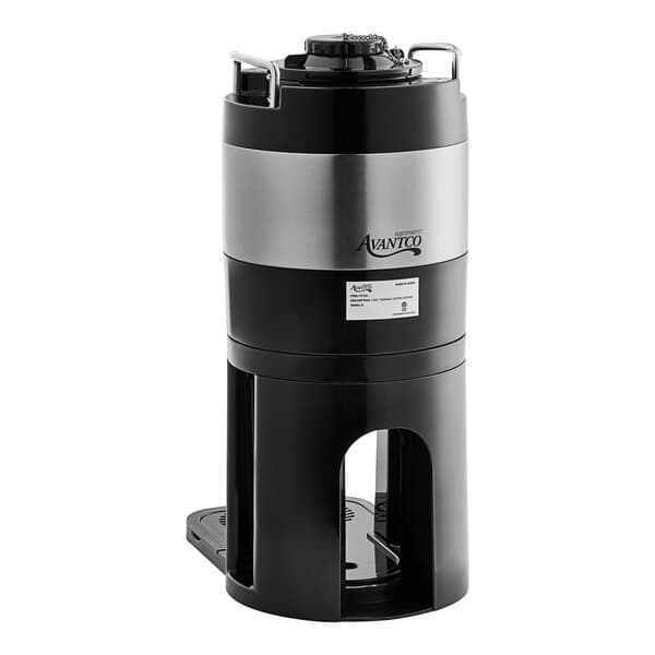 An Avantco black and silver thermal coffee server with stand.