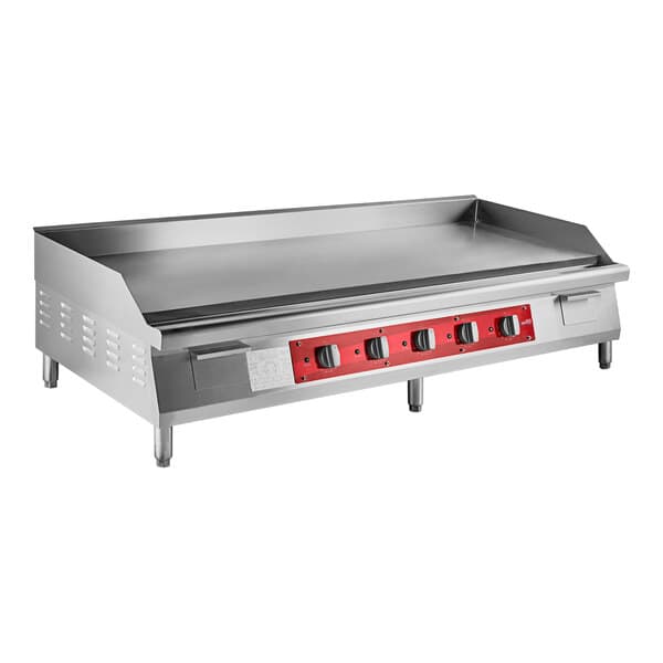 An Avantco stainless steel countertop griddle with red knobs.