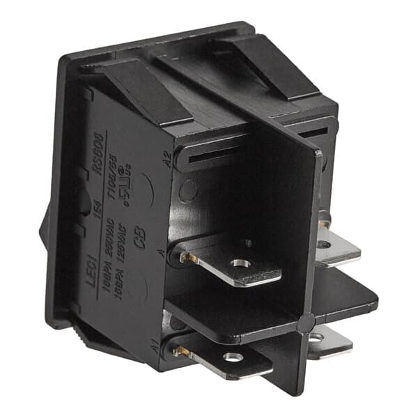 A black main switch component with metal prongs, designed for use with the Avantco THD27208.