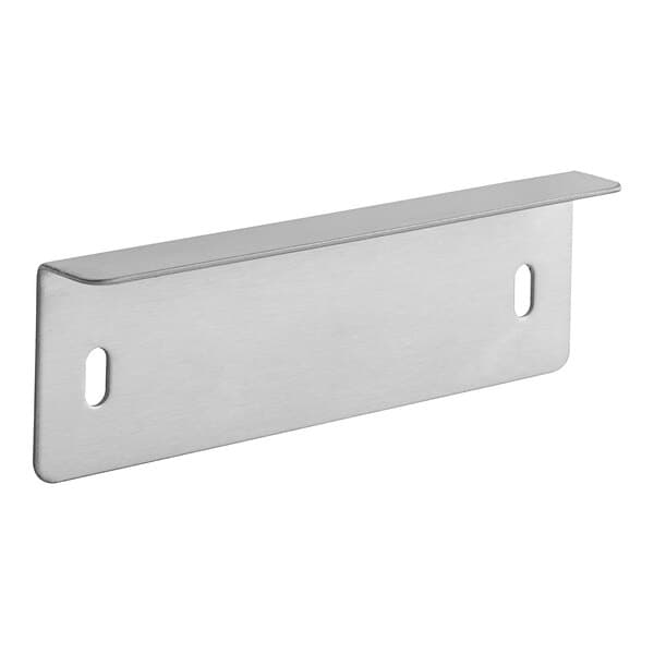 A rectangular stainless steel metal bracket with holes.