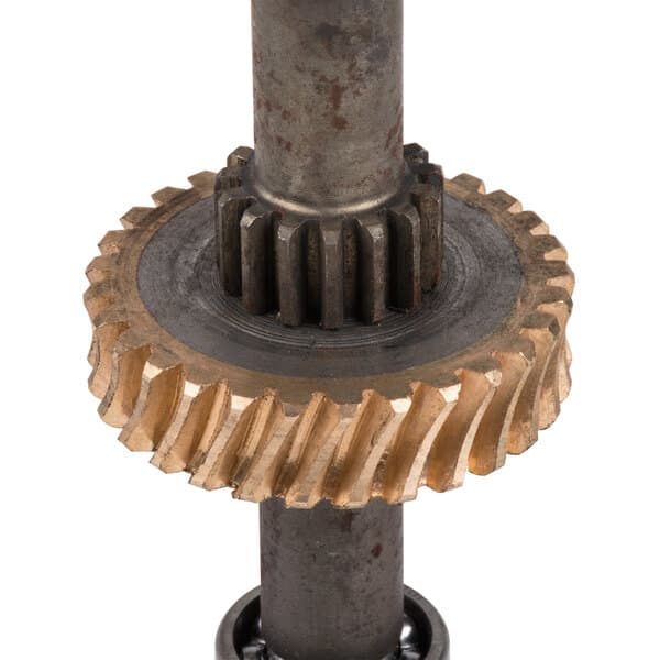 A metal and gold Worm Gear Assembly for an Avantco MX20 Mixer.