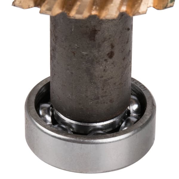 A metal worm gear with a circular metal rod and ball bearing.