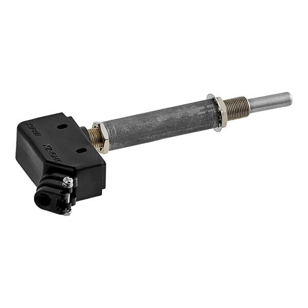 A metal pole with a black plastic object on one end.