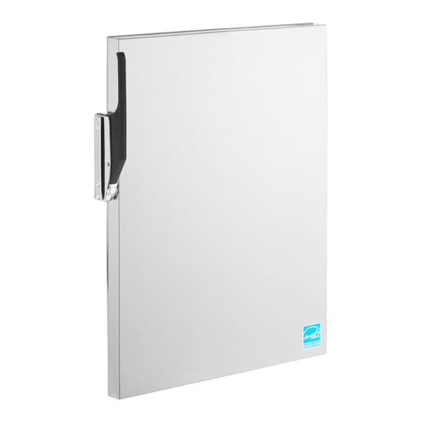 A solid stainless steel Dutch door with a handle, designed for use with specific Avantco equipment models.