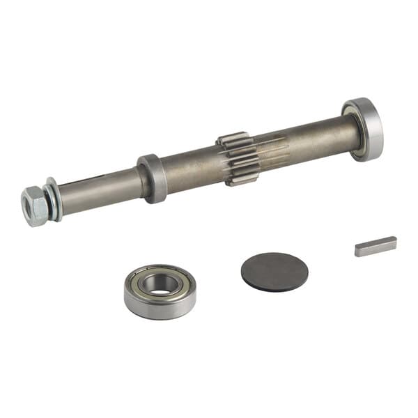 An axle assembly kit with a metal shaft, bearings, a round disc, and a rectangular key, designed for Avantco MX30 series mixers.