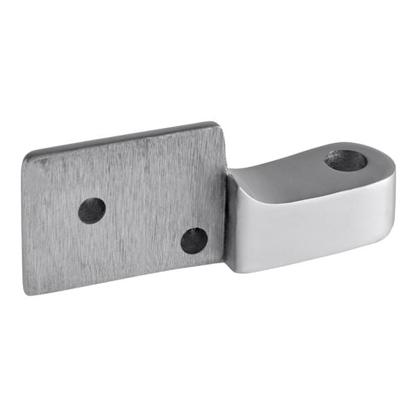 A metal slicer rod connector with two mounting holes and a curved end, designed for Avantco slicers.